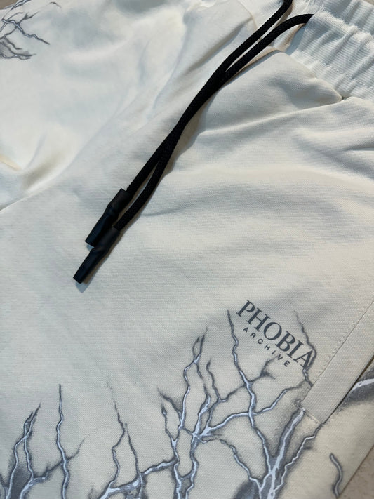 OFF WHITE SHORTS WITH REFLECTIVE LIGHTNING PRINTAND LOGO PRINT