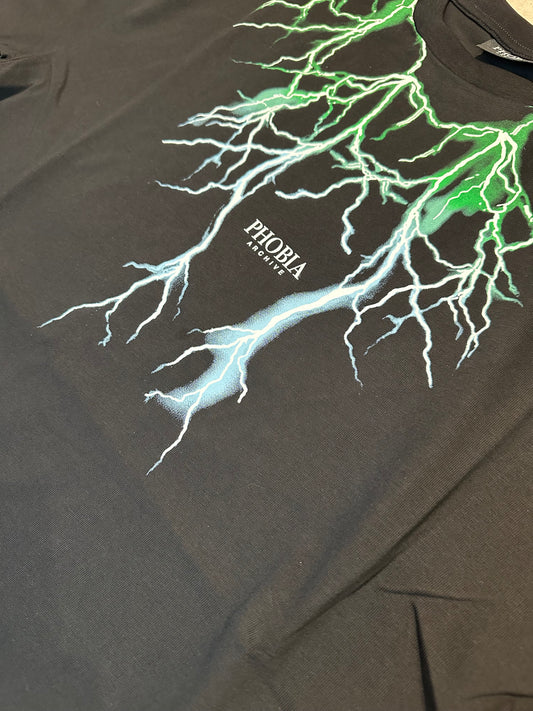 BLACK T-SHIRT WITH GREEN AND LIGHTBLUE LIGHTNING