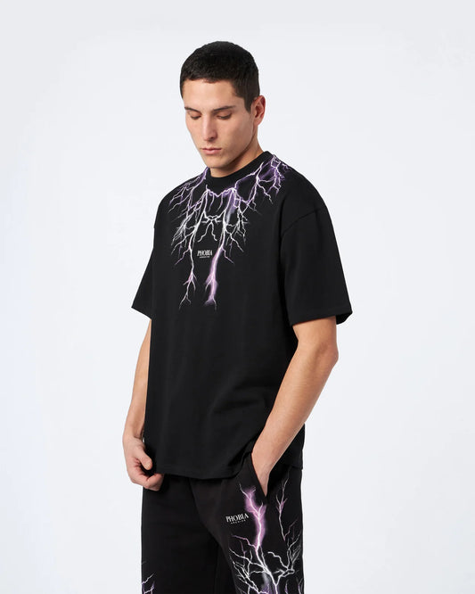 BLACK T-SHIRT WITH PURPLE GREY FUXIA LIGHTNING
