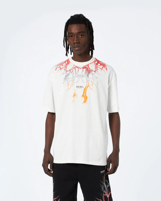 OFF WHITE T-SHIRT WITH RED GREY ORANGE LIGHTNING