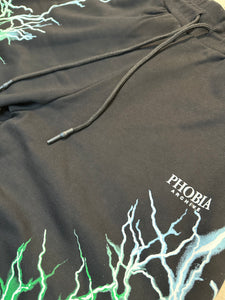 BLACK SHORTS WITH GREEN AND BLUE LIGHTNING PRINT AND LOGO PRINT