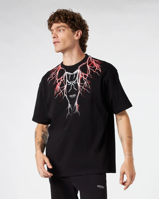 BLACK T-SHIRT WITH RED GREY LIGHTNING