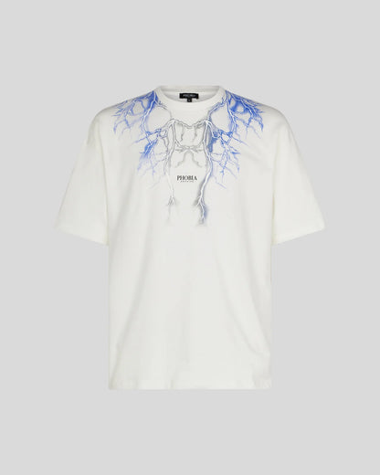 WHITE T-SHIRT WITH BLUE GREY LIGHTNING