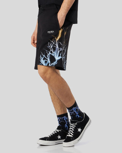 BLACK SHORTS WITH BICOLOR LIGHTNING PRINT