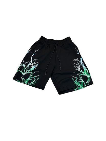 BLACK SHORTS WITH GREEN AND BLUE LIGHTNING PRINT AND LOGO PRINT