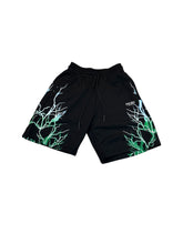 Carica l&#39;immagine nel visualizzatore di Gallery, BLACK SHORTS WITH GREEN AND BLUE LIGHTNING PRINT AND LOGO PRINT
