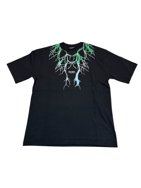 BLACK T-SHIRT WITH GREEN AND LIGHTBLUE LIGHTNING