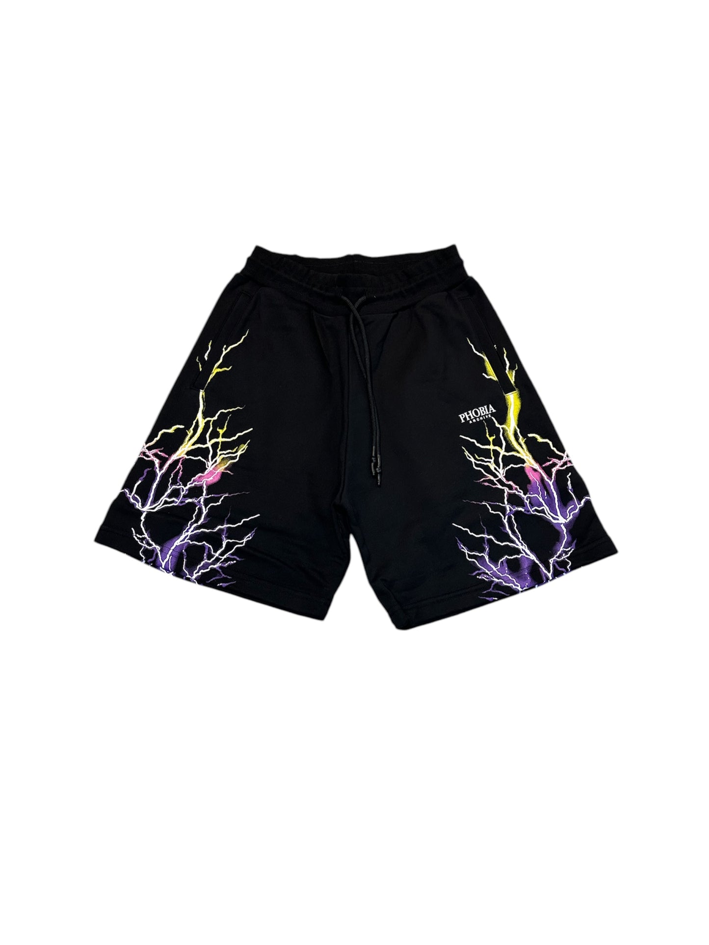 BLACK SHORTS WITH PINK AND YELLOW LIGHTNING PRINT AND LOGO PRINT