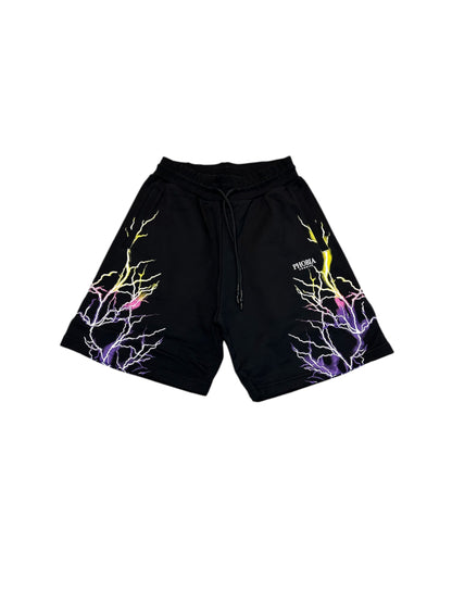 BLACK SHORTS WITH PINK AND YELLOW LIGHTNING PRINT AND LOGO PRINT