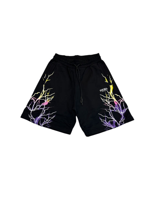 BLACK SHORTS WITH PINK AND YELLOW LIGHTNING PRINT AND LOGO PRINT