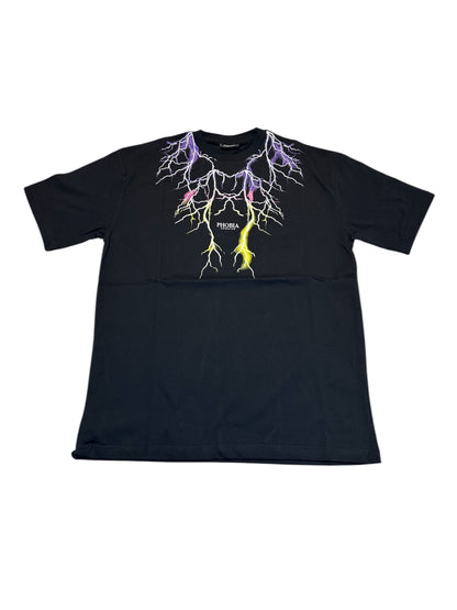 BLACK T-SHIRT WITH PURPLE AND YELLOW LIGHTNING