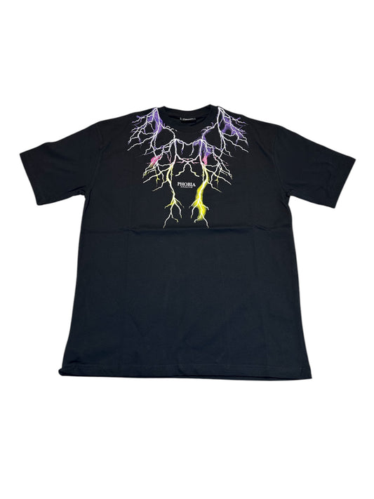 BLACK T-SHIRT WITH PURPLE AND YELLOW LIGHTNING