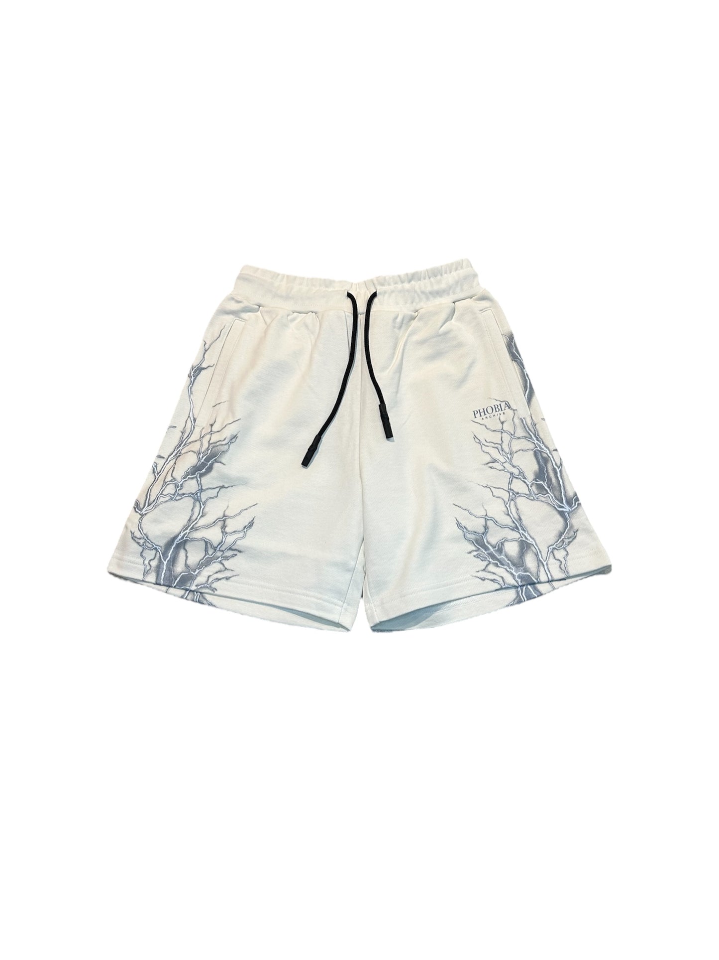 OFF WHITE SHORTS WITH REFLECTIVE LIGHTNING PRINTAND LOGO PRINT