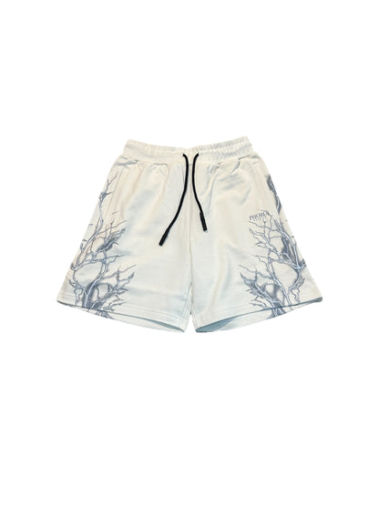 OFF WHITE SHORTS WITH REFLECTIVE LIGHTNING PRINTAND LOGO PRINT