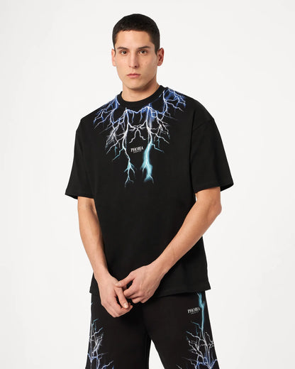 BLACK T-SHIRT WITH BLUE GREY LIGHTBLUE LIGHTNING