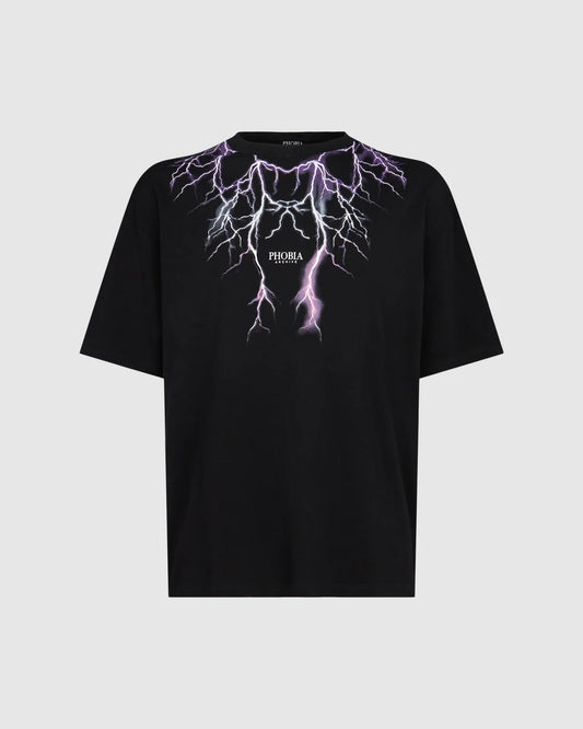 BLACK T-SHIRT WITH PURPLE GREY FUXIA LIGHTNING