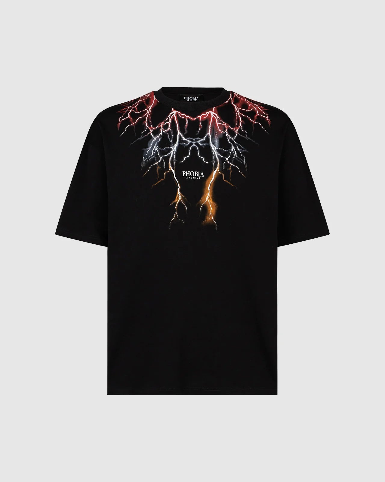BLACK T-SHIRT WITH RED GREY ORANGE LIGHTNING
