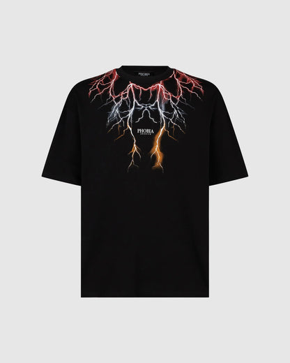 BLACK T-SHIRT WITH RED GREY ORANGE LIGHTNING