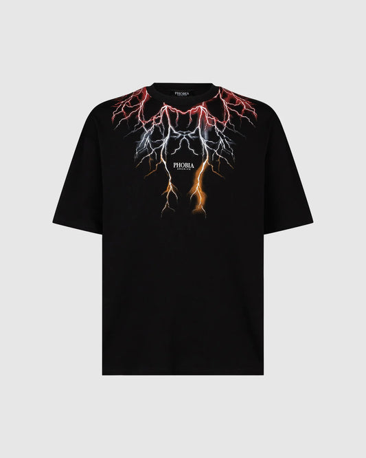 BLACK T-SHIRT WITH RED GREY ORANGE LIGHTNING