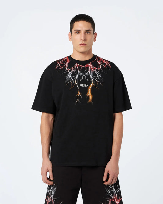BLACK T-SHIRT WITH RED GREY ORANGE LIGHTNING