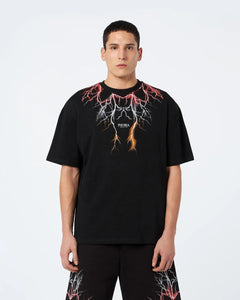 BLACK T-SHIRT WITH RED GREY ORANGE LIGHTNING