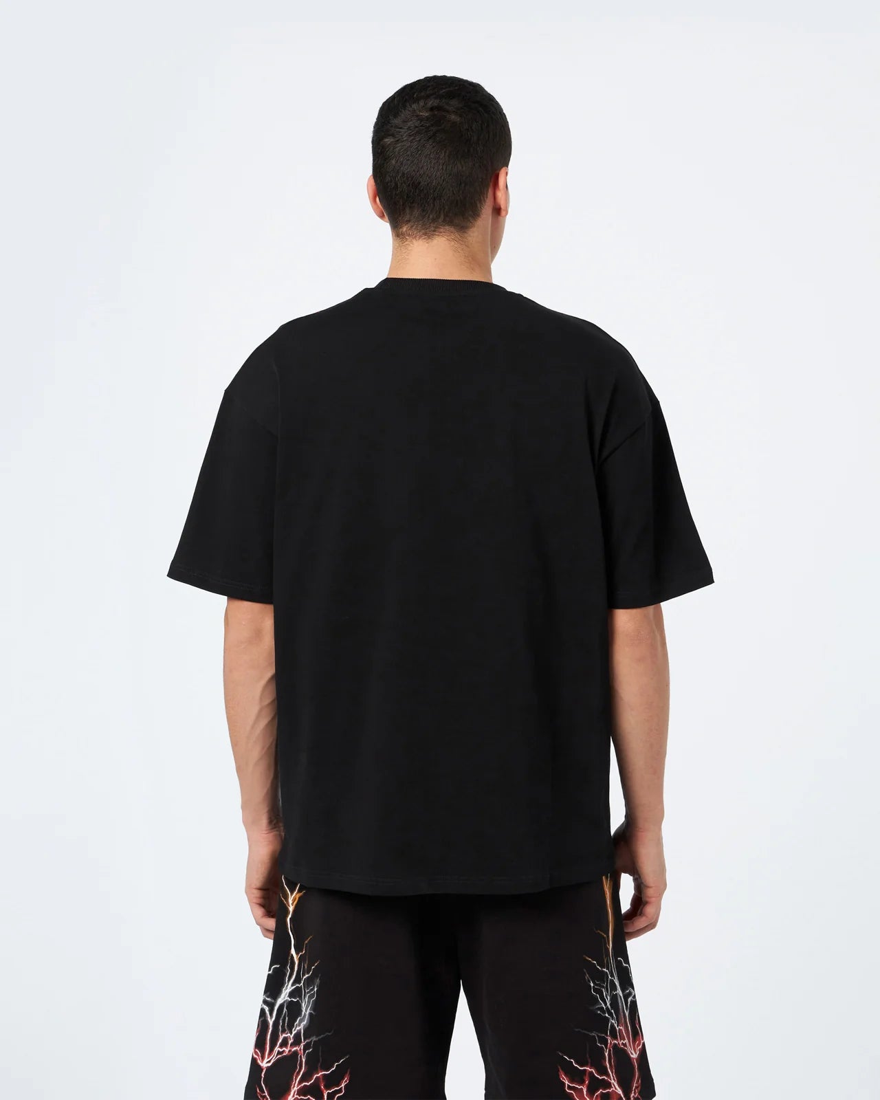 BLACK T-SHIRT WITH RED GREY ORANGE LIGHTNING