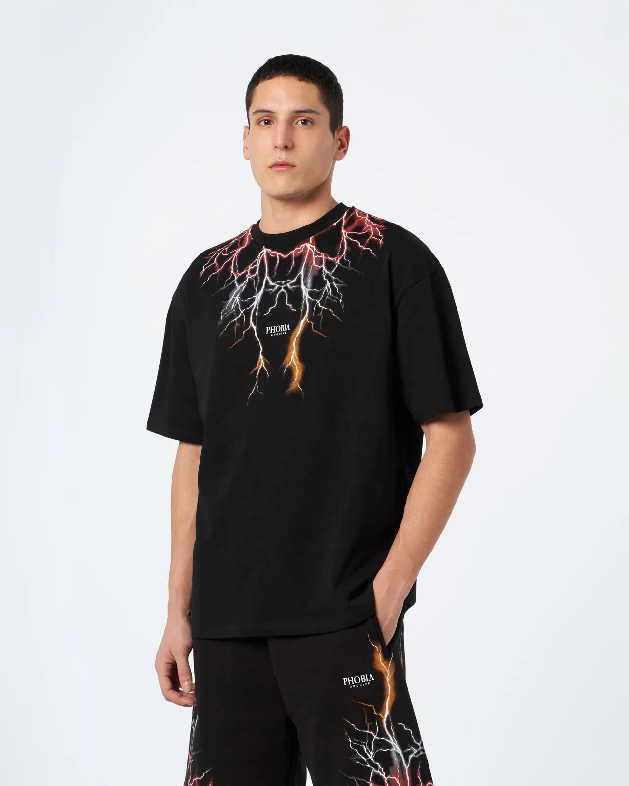 BLACK T-SHIRT WITH RED GREY ORANGE LIGHTNING