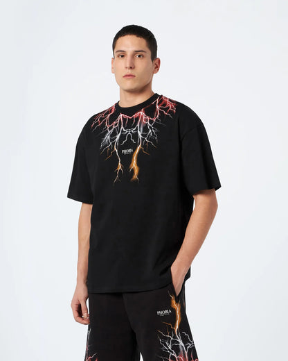 BLACK T-SHIRT WITH RED GREY ORANGE LIGHTNING