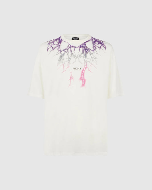 OFF WHITE T-SHIRT WITH PURPLE GREY FUXIA LIGHTNING