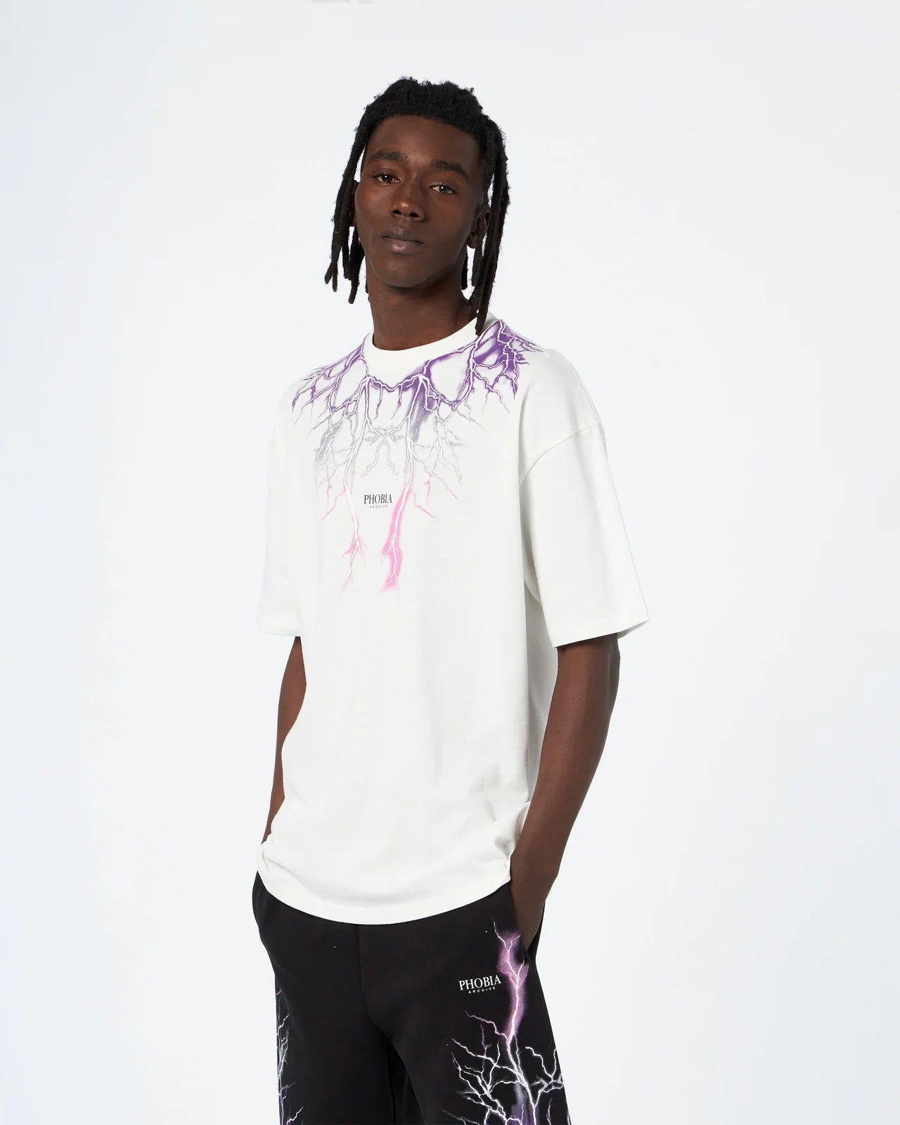 OFF WHITE T-SHIRT WITH PURPLE GREY FUXIA LIGHTNING
