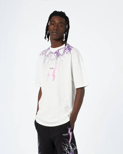 OFF WHITE T-SHIRT WITH PURPLE GREY FUXIA LIGHTNING
