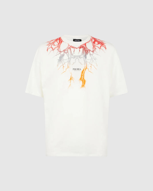 OFF WHITE T-SHIRT WITH RED GREY ORANGE LIGHTNING