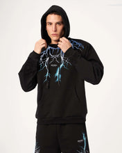 Carica l&#39;immagine nel visualizzatore di Gallery, BLACK HOODIE WITH BLUE GREY LIGHTBLUE LIGHTNING

